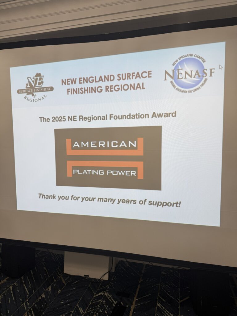 A photo of a PowerPoint Slide showing American Plating Power as the recipient of the 2025 NE Regional Foundation Award