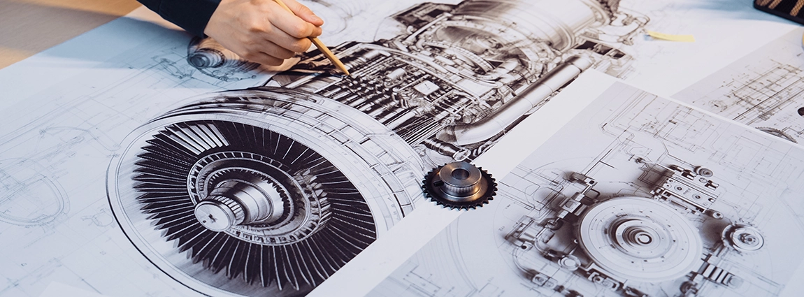 A photo of people reviewing a diagram of a jet engine with a gear sitting next to it